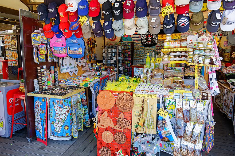 Market stalls with Sicilian local gift products in Syracuse, Italy, Mediterranean, Europe