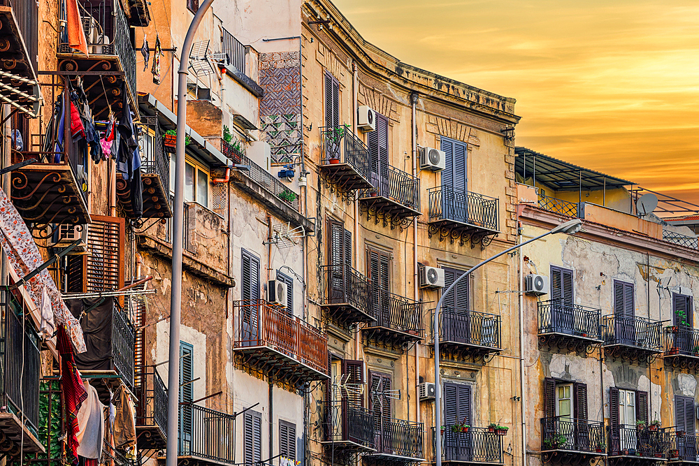 Traditional architecture of houses with iron balconies, wooden window shutters and decayed facades, Palermo, Sicily, Italy, Mediterranean, Europe