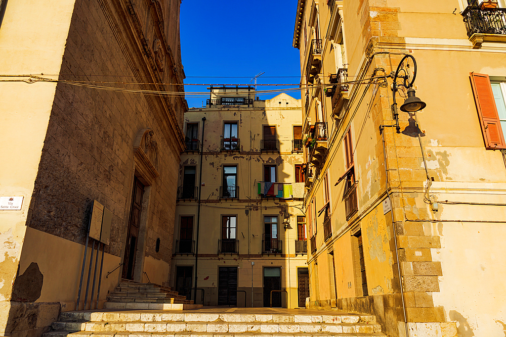 Santa Croce Bastion area, traditional buildings with wooden window shutters and iron balconies, Cagliari, Sardinia, Italy, Mediterranean, Europe