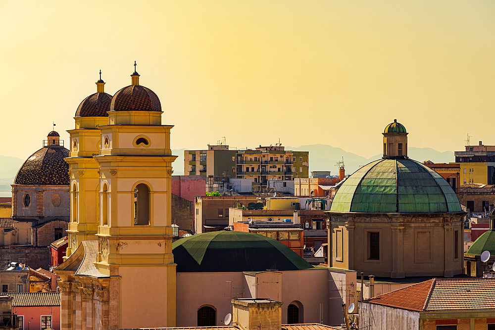 Panoramic view of Collegiate Church of Sant Anna with dome and bell towers, Cagliari, Sardinia, Italy, Mediterranean, Europe