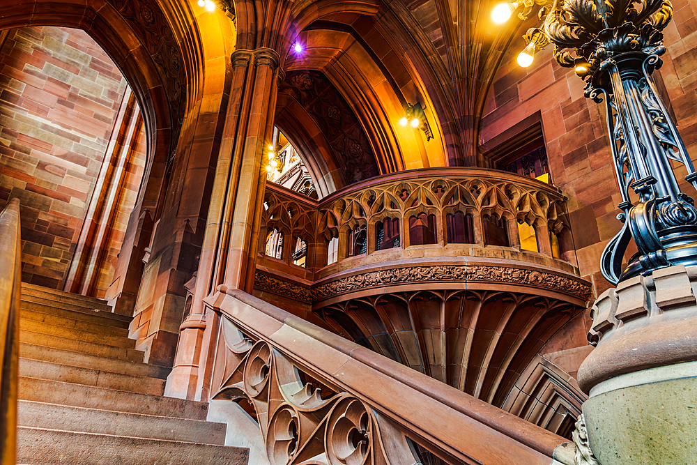 Staircase in John Rylands Neo-Gothic Library with rare books, Manchester, England, United Kingdom, Europe