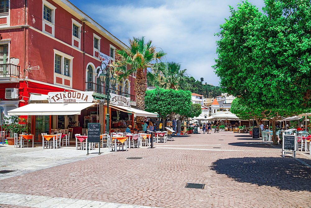 Pedestrian area with taverns and outdoor seating with chairs, tables and decoration, Zakynthos, Ionian Islands, Greek Islands, Greece, Europe