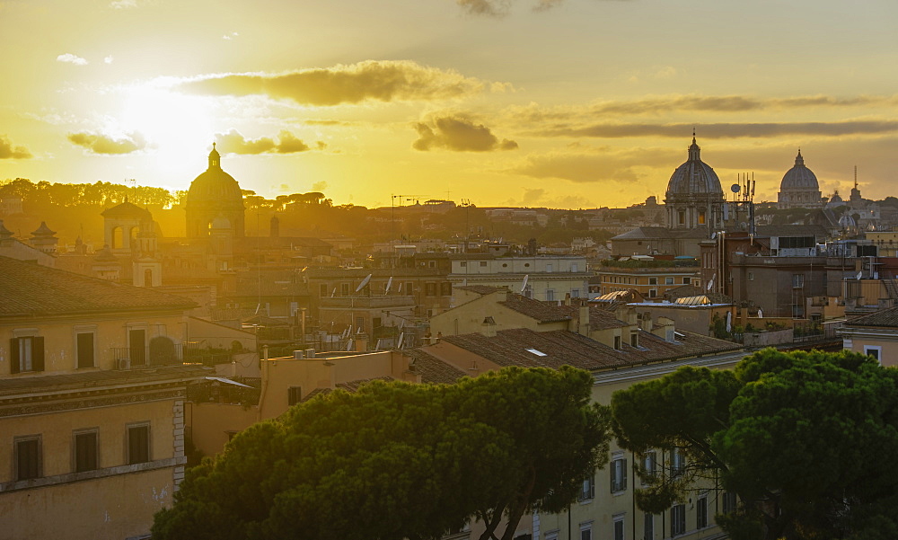 Sunset view of the Eternal City from top of Altare della Patria (Monumento Nazionale a Vittorio Emanuele II) monument, Rome, Lazio, Italy, Europe