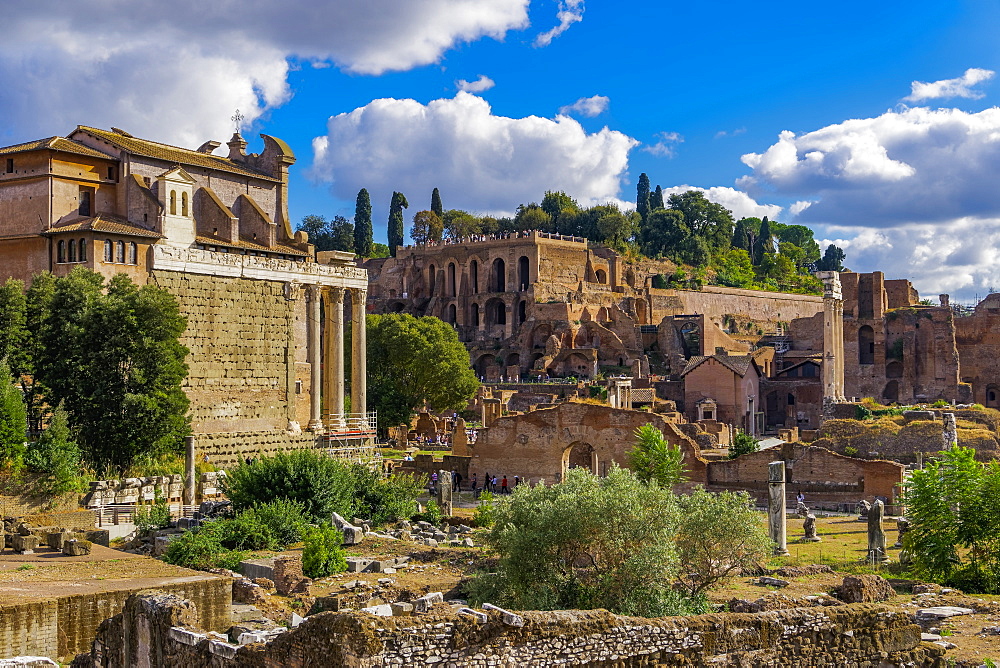 Panoramic view of surviving structures and ancient ruins in the Roman Forum, UNESCO World Heritage Site, Rome, Lazio, Italy, Europe