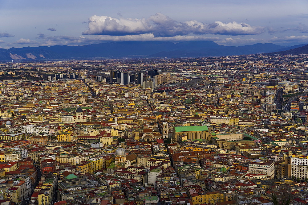 Northern city skyline view of buildings with skyscrapers and Napoli Centrale railway station area, Naples, Campania, Italy, Europe