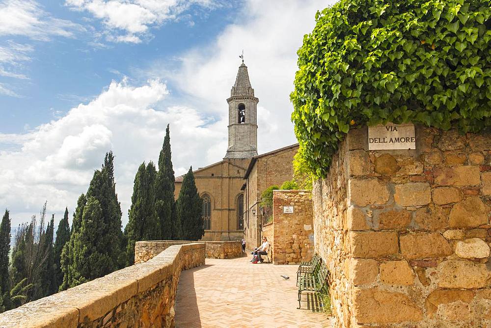 A street and view of the Cathedral tower in Pienza, UNESCO World Heritage Site, Tuscany, Italy, Europe