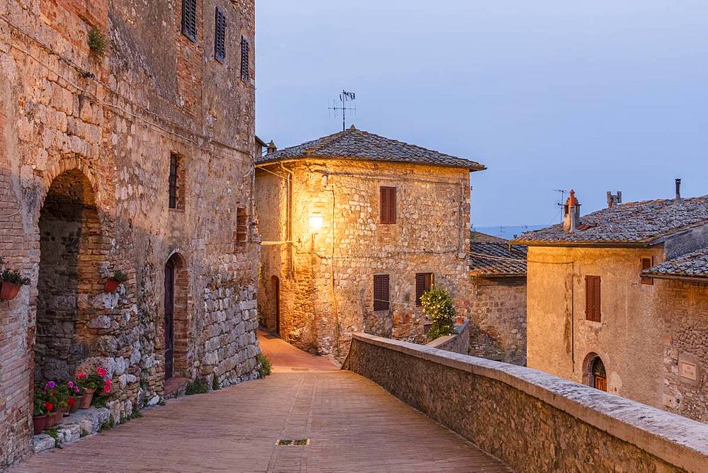 Dawn view of a street in San Gimignano, UNESCO World Heritage Site, Tuscany, Italy, Europe