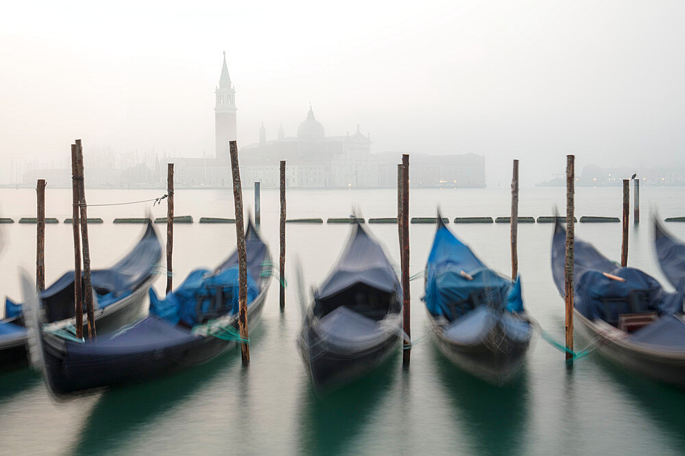 Gondolas in the fog with the Church of San Giorgio Maggiore in the background, Venice, UNESCO World Heritage Site, Veneto, Italy, Europe