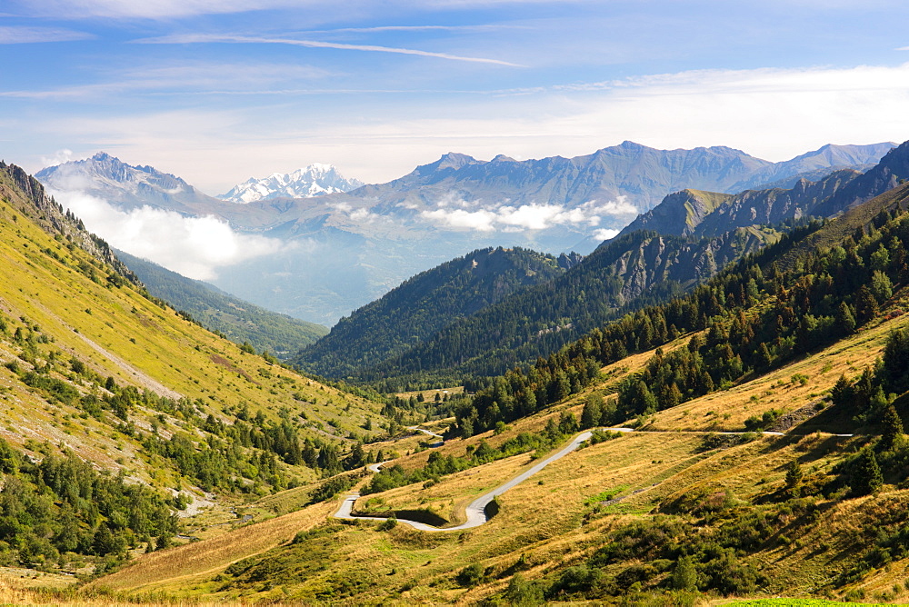 A typical view of the French Alps in the summer, with blue skies, Col du Glandon, Dauphine Alps, Savoie, France, Europe