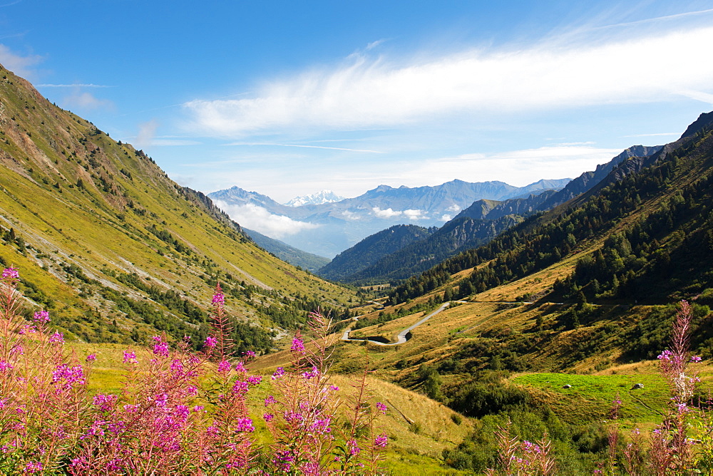 A typical view of the French Alps in the summer, with blue skies, Col du Glandon, Dauphine Alps, Savoie, France, Europe