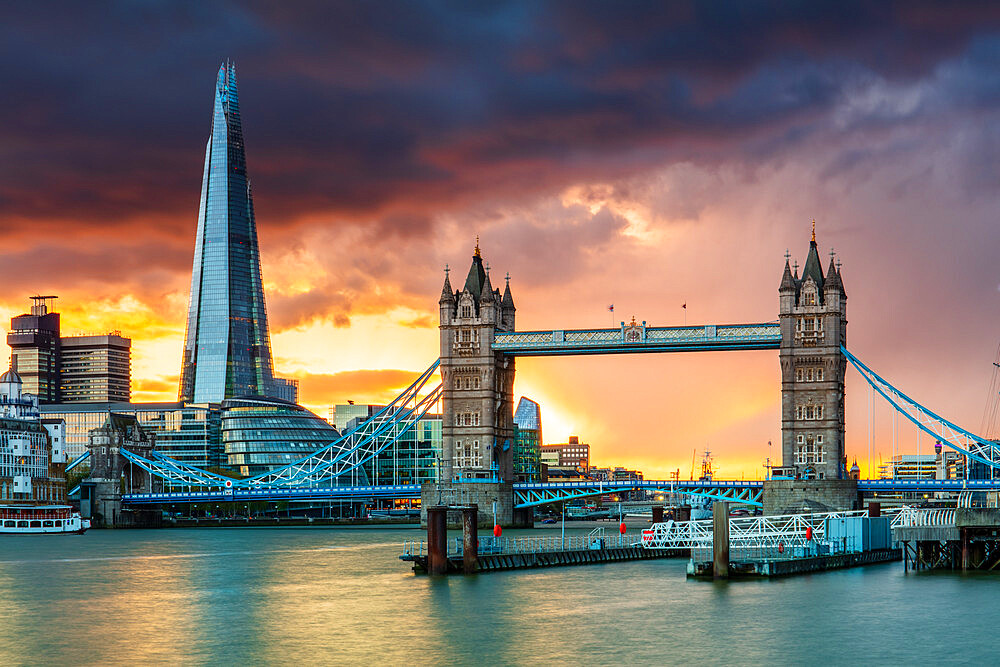 Tower Bridge and The Shard at sunset, London, England, United Kingdom, Europe