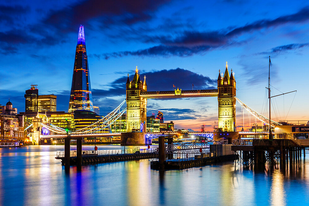 Tower Bridge and The Shard at sunset, London, England, United Kingdom, Europe