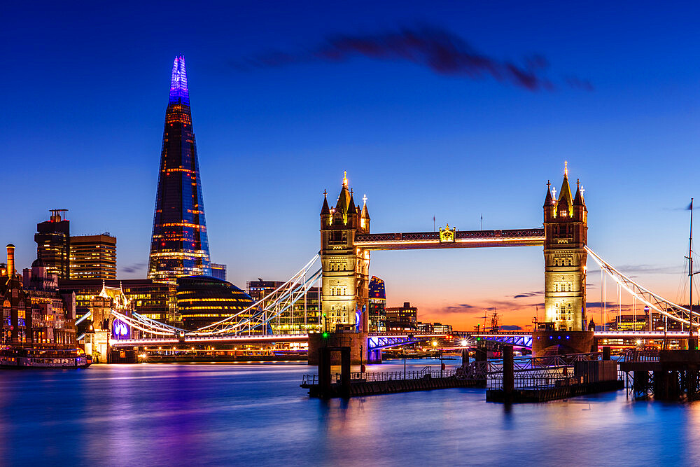 Tower Bridge and The Shard at sunset, London, England, United Kingdom, Europe