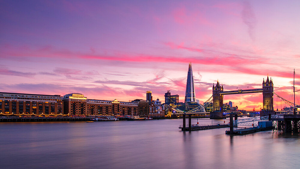 Tower Bridge and The Shard at sunset, London, England, United Kingdom, Europe