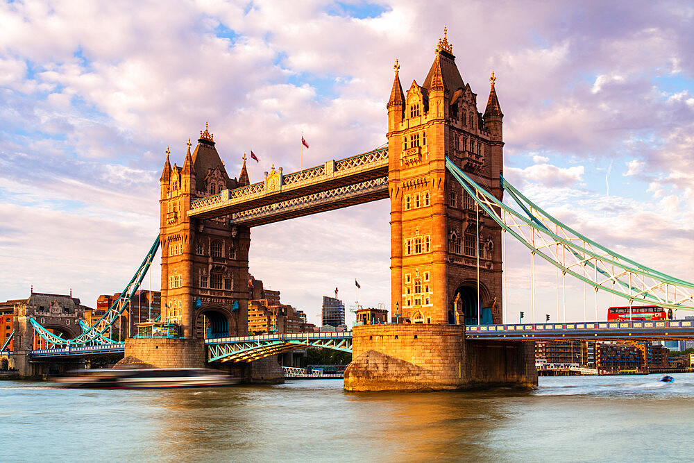 Tower Bridge and a London bus in the afternoon light, London, England, United Kingdom, Europe