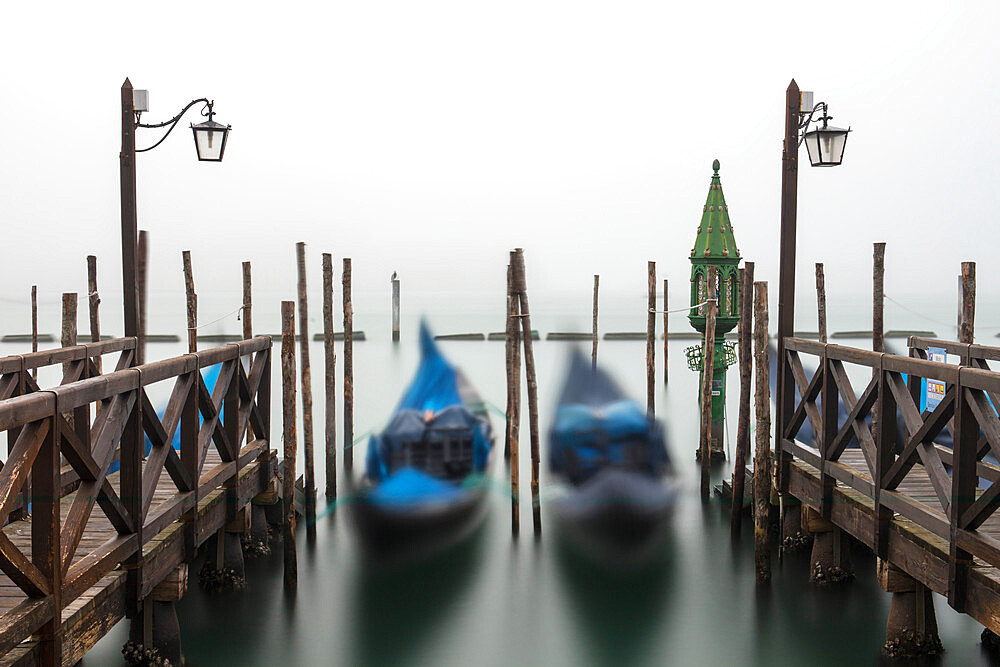 Gondolas in the fog with the Grand Canal in the background, Venice, UNESCO World Heritage Site, Veneto, Italy, Europe