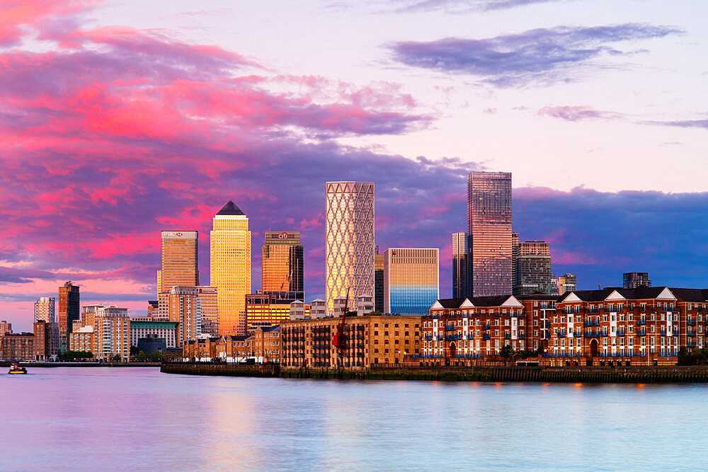 Canary Wharf and Rotherhithe at sunset, Docklands, London, England, United Kingdom, Europe