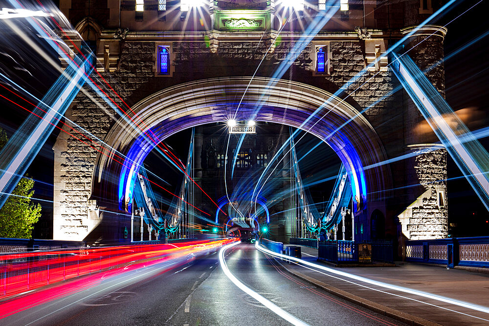 Tower Bridge at night, with light trails, London, England, United Kingdom, Europe