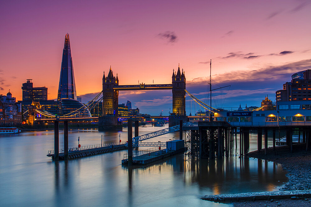 Tower Bridge and The Shard at sunset with a low tide on the River Thames, London, England, United Kingdom, Europe