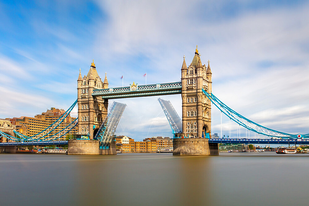 Long exposure of Tower Bridge opening, London, England, United Kingdom, Europe