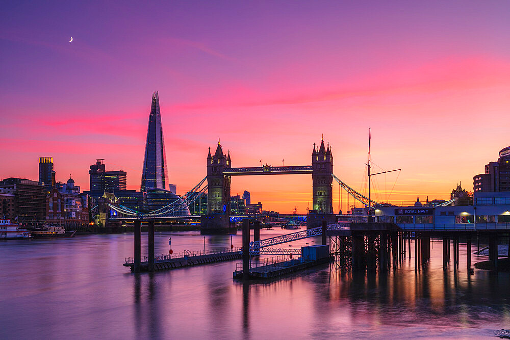 Tower Bridge, Butler's Wharf and The Shard at sunset taken from Wapping, London, England, United Kingdom, Europe