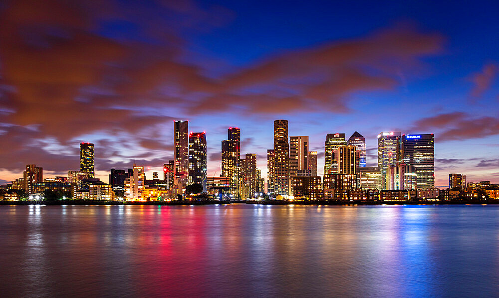 Canary Wharf and Isle of Dogs skyline at sunset, Docklands, London, England, United Kingdom, Europe