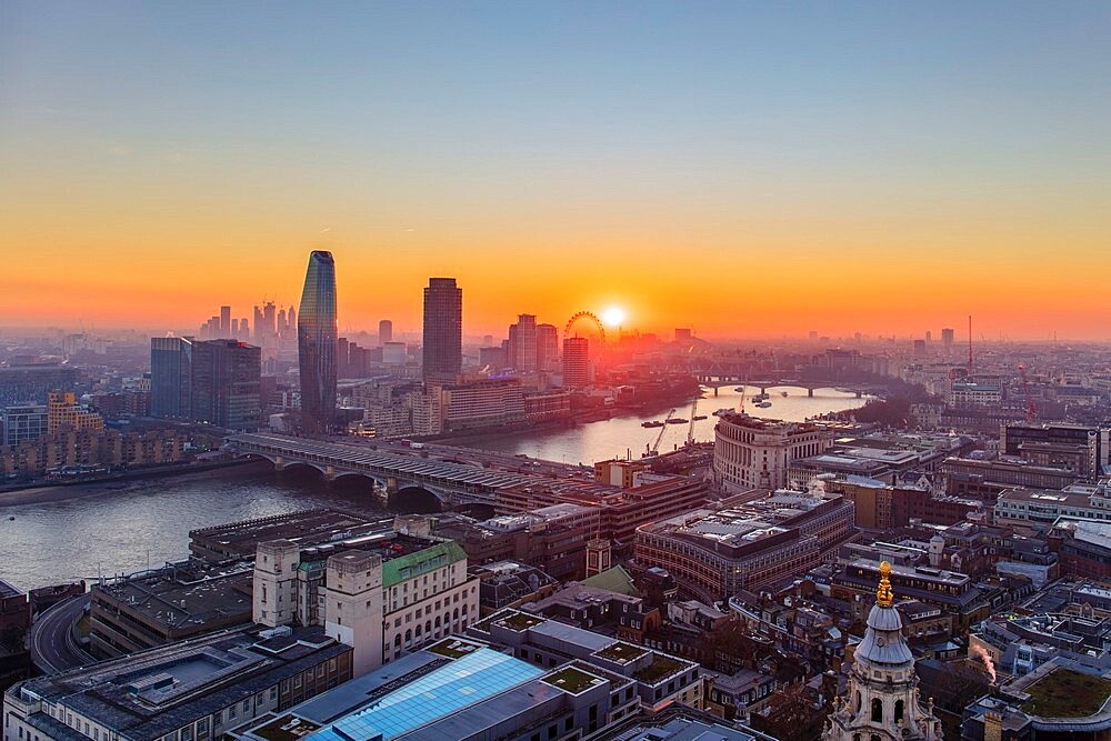 Aerial view of London skyline and River Thames at sunset taken from St. Paul's Cathedral, London, England, United Kingdom, Europe