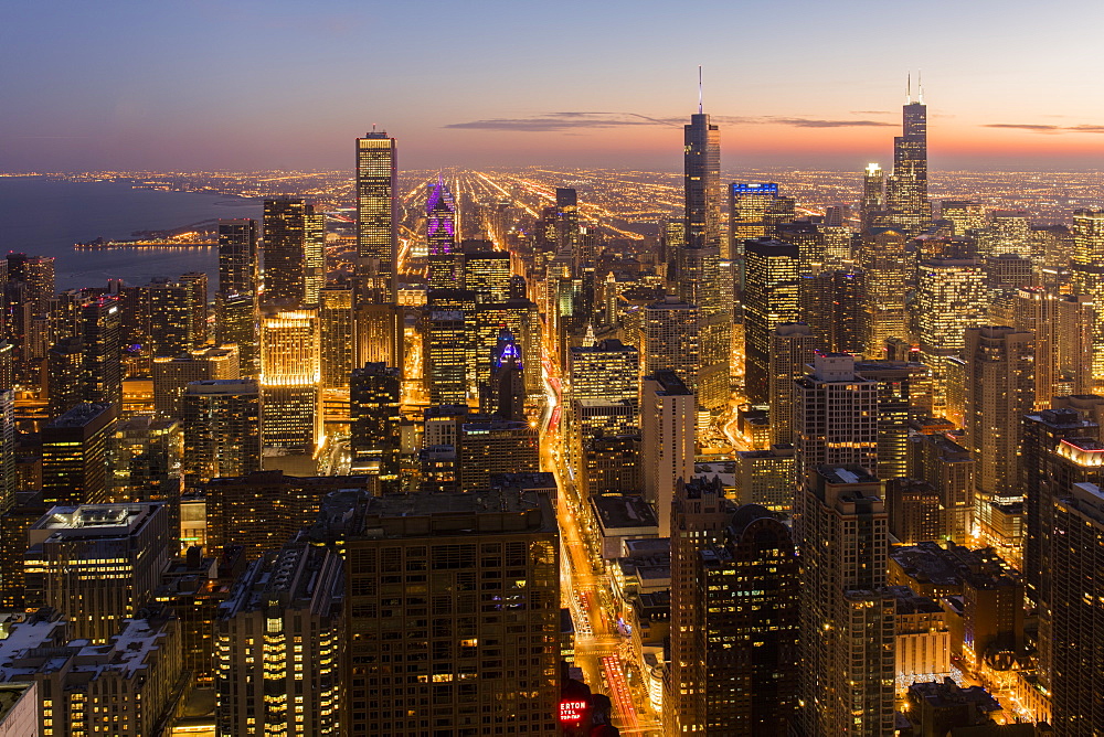 Chicago at sunset from 875 North Michigan Avenue (John Hancock Tower), looking towards Willis (Sears) and Trump Tower, Chicago, Illinois, United States of America, North America