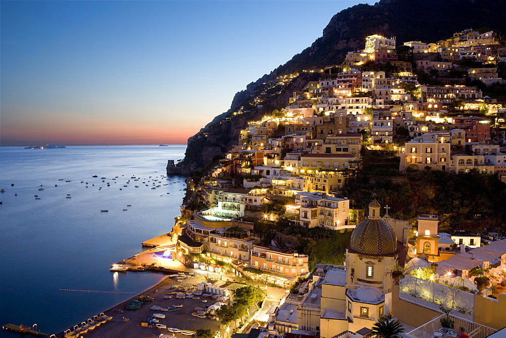 Sunset overlooking Positano on the Amalfi Coast, UNESCO World Heritage Site, Campania, Italy, Europe