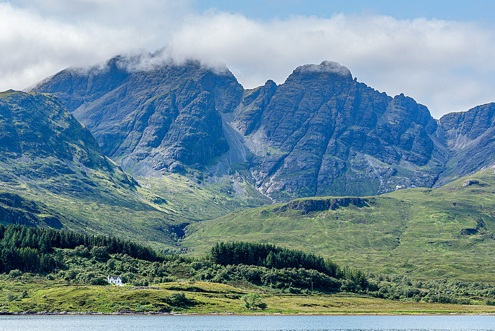 Looking across Loch Slapin to the soaring peaks of Bla Bheinn, Isle of Skye, Inner Hebrides, Scotland, United Kingdom, Europe