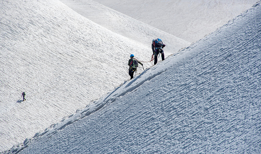 Climbers descending down a steep ridge from the Aiguille du Midi to the valley Blanche below, Chamonix, Haute Savoie, Rhone Alpes, France, Europe