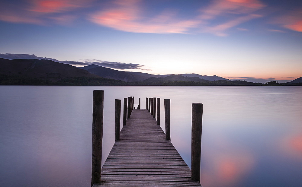 Ferry landing stage on Derwent Water at sunset near Ashness Bridge in Borrowdale, in the Lake District National Park, UNESCO World Heritage Site, Cumbria, England, United Kingdom, Europe