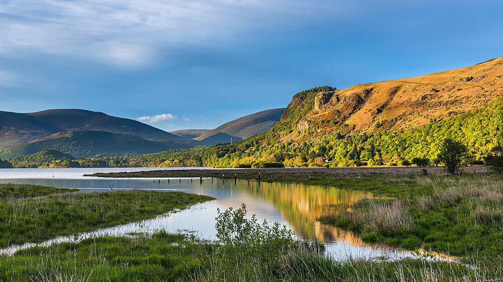 Looking over Derwentwater towards Walla Crag in evening light, Lake District National Park, UNESCO World Heritage Site, Cumbria, England, United Kingdom, Europe