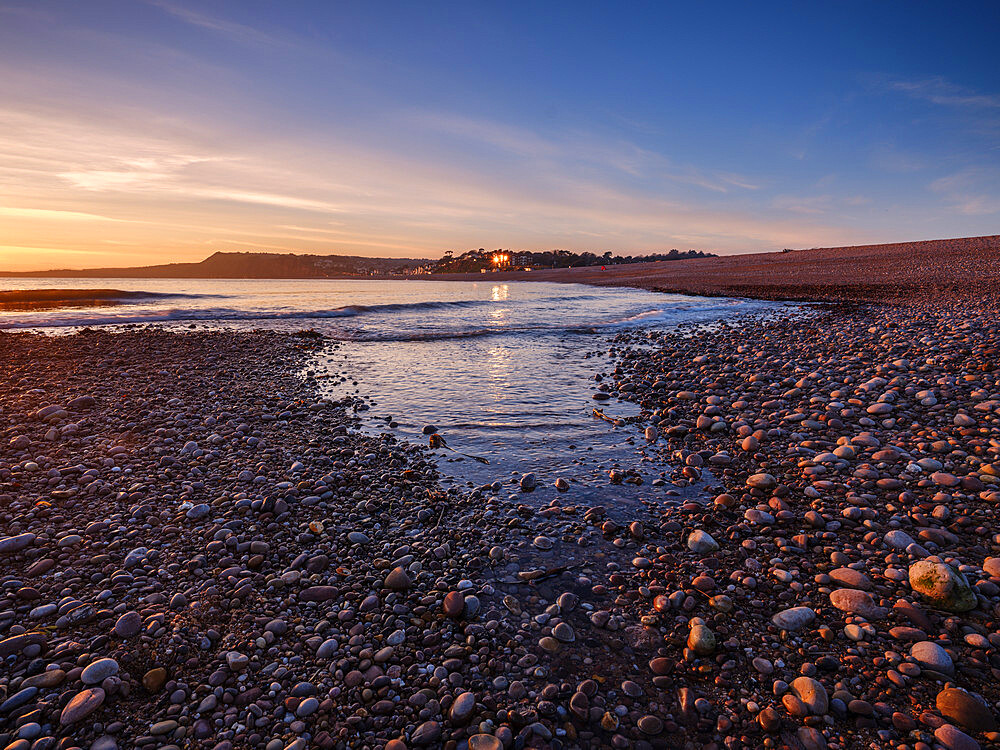 Warm afternoon winter sunset at Budleigh Salterton, Devon, England, United Kingdom, Europe