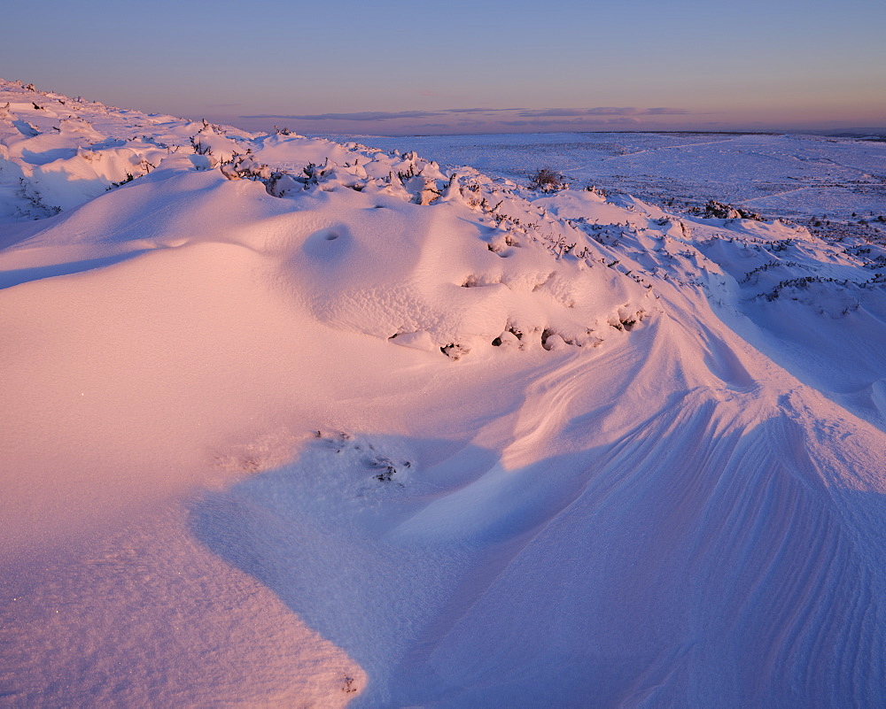 Bank of snow in early sunlight, Haytor, Bovey Tracey, Devon, England, United Kingdom, Europe