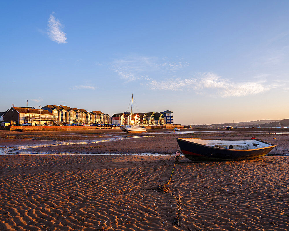 Sunset light on Shelly Beach on the estuary side of Exmouth, Devon, England, United Kingdom, Europe