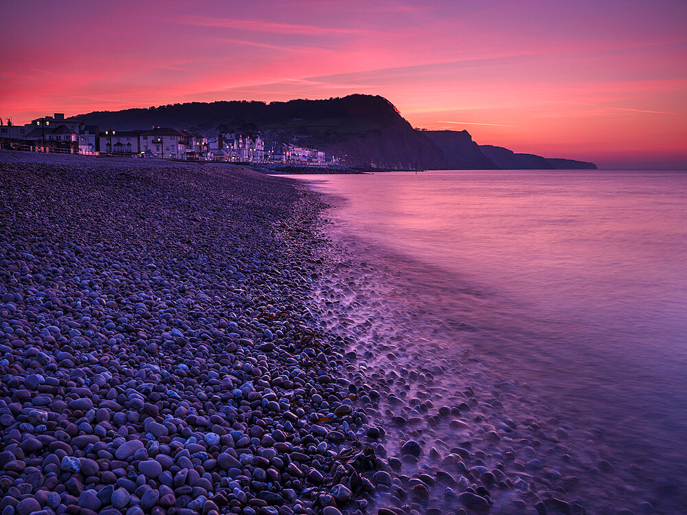 Vivid dawn twilight at the picturesque seaside town of Sidmouth, Devon, England, United Kingdom, Europe