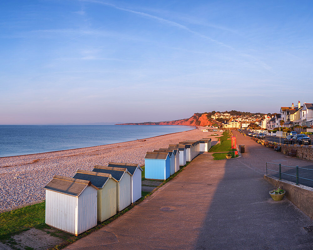 The sea front at Budleigh Salterton in early morning light looking West towards Sandy Bay, Devon, England, United Kingdom, Europe