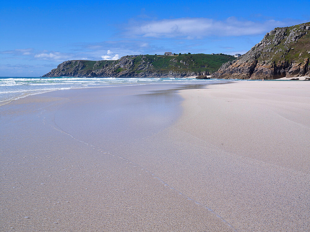 The beautiful and secluded beach at Pedn Vounder overlooks Logan Rock, near Porthcurno, Cornwall, England, United Kingdom, Europe