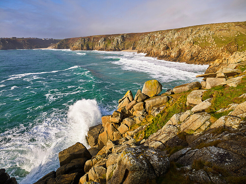 The beautiful and secluded beach of Pedn Vounder viewed from Logan Rock, near Porthcurno, Cornwall, England, United Kingdom, Europe