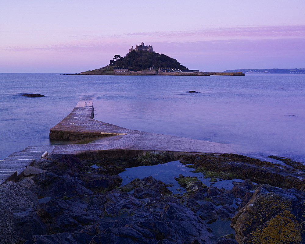 Spring dawn looking at St. Michael's Mount in Marazion, Cornwall, England, United Kingdom, Europe