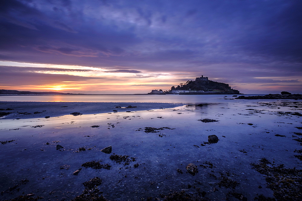 Winter sunrise at St. Michael's Mount in Marazion, Cornwall, England, United Kingdom, Europe