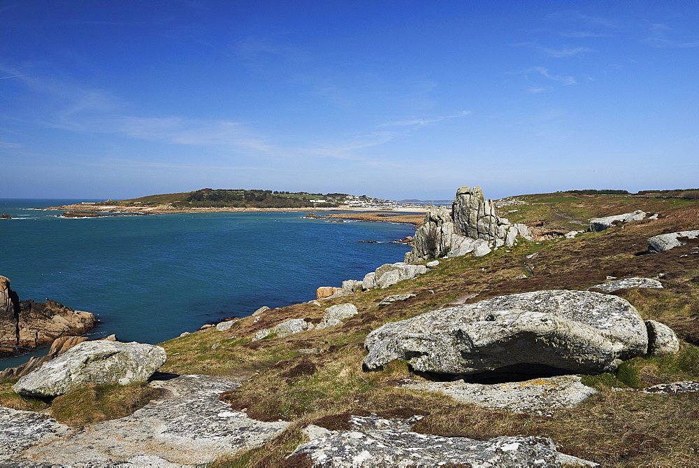 Granite rocks on a headland near Old Town, looking at Samsom, St. Mary's, Isles of Scilly, England, United Kingdom, Europe