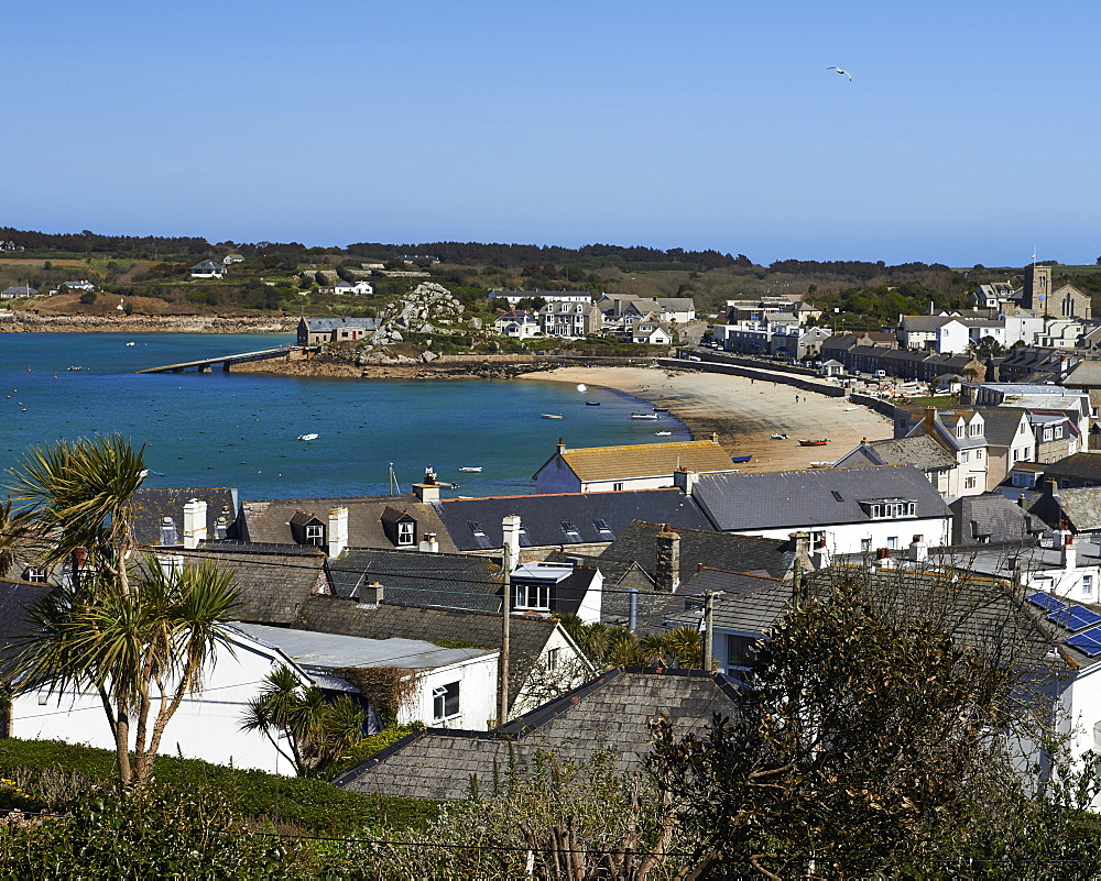 A sunny day over the rooftops of Hugh Town, St. Mary's, Isles of Scilly, England, United Kingdom, Europe