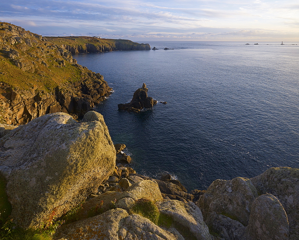 Summer evening light on Irish Lady and cliffs at Land's End, Cornwall, England, United Kingdom, Europe