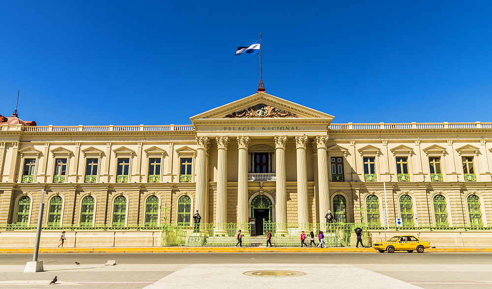 A front view of the Palacio National building in San Salvador, El Salvador, Central America