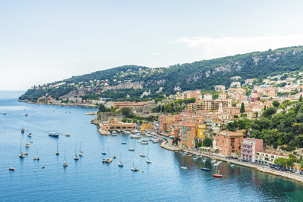 Elevated view over Villefranche sur Mer, Alpes Maritimes, Provence Alpes Cote d'Azur, French Riviera, France, Mediterranean, Europe