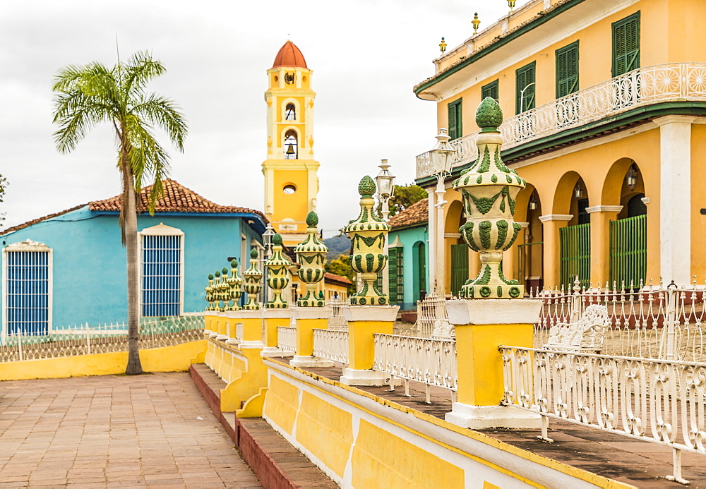 A view from Plaza Major towards the bell tower of the Convent of San Francisco, Trinidad, UNESCO World Heritage Site, Cuba, West Indies, Caribbean, Central America