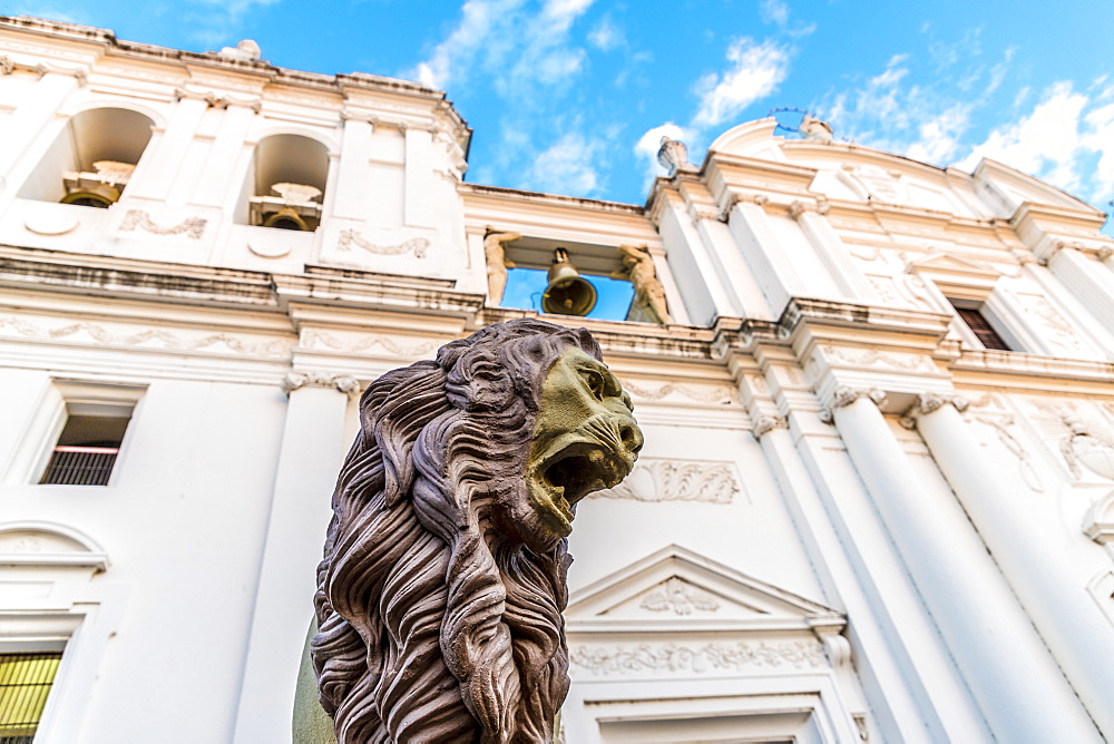 A lion statue outside the Cathedral of the Assumption of Mary, UNESCO World Heritage Site, Leon, Nicaragua, Central America