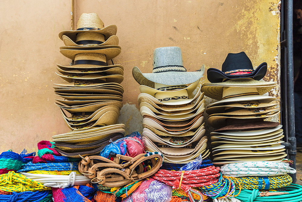 Traditional local cowboy hats for sale in Copan Town, Copan, Honduras, Central America